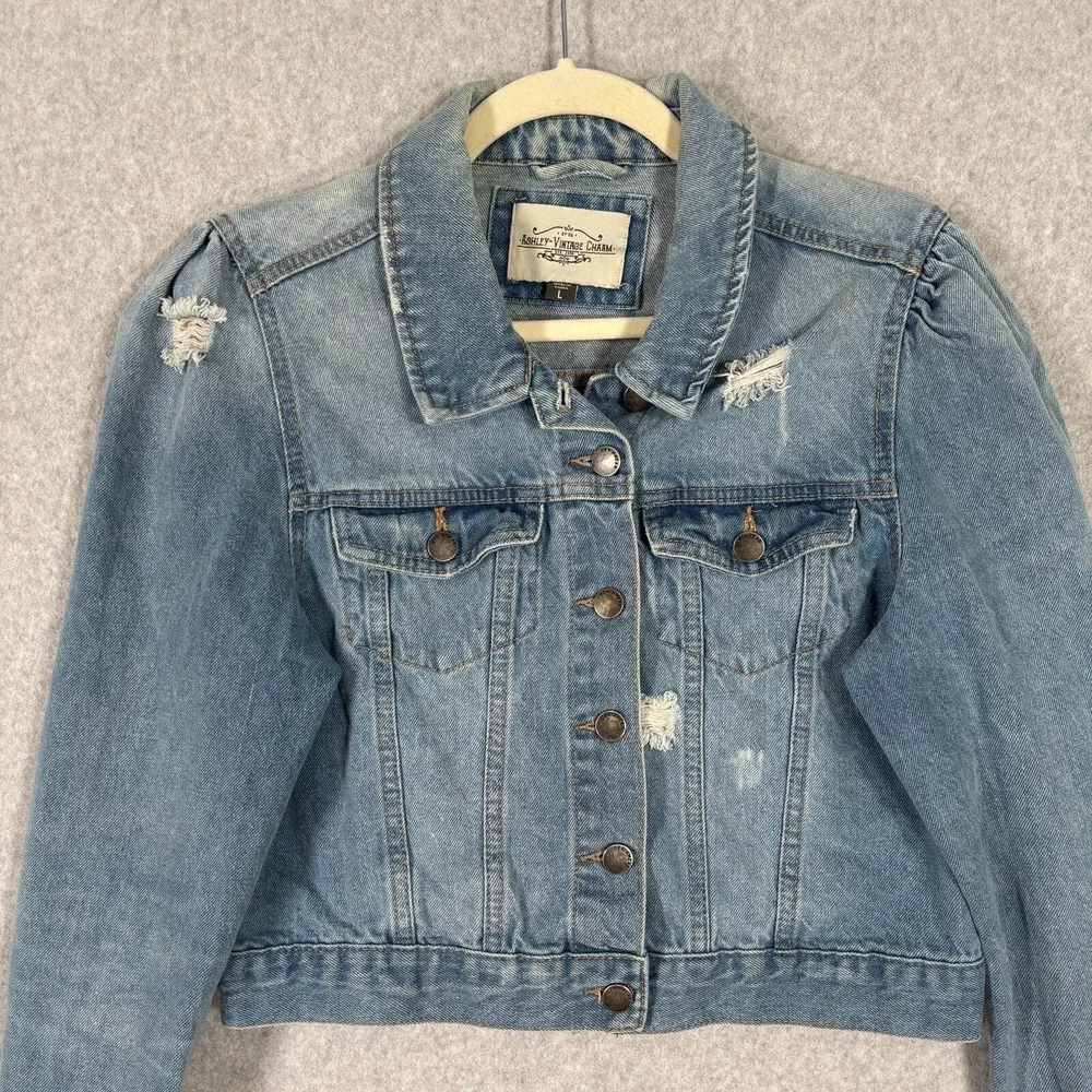 Ashley Vintage Charm Jean Jacket Large Distressed Puff Holes Girly Cute Feminine